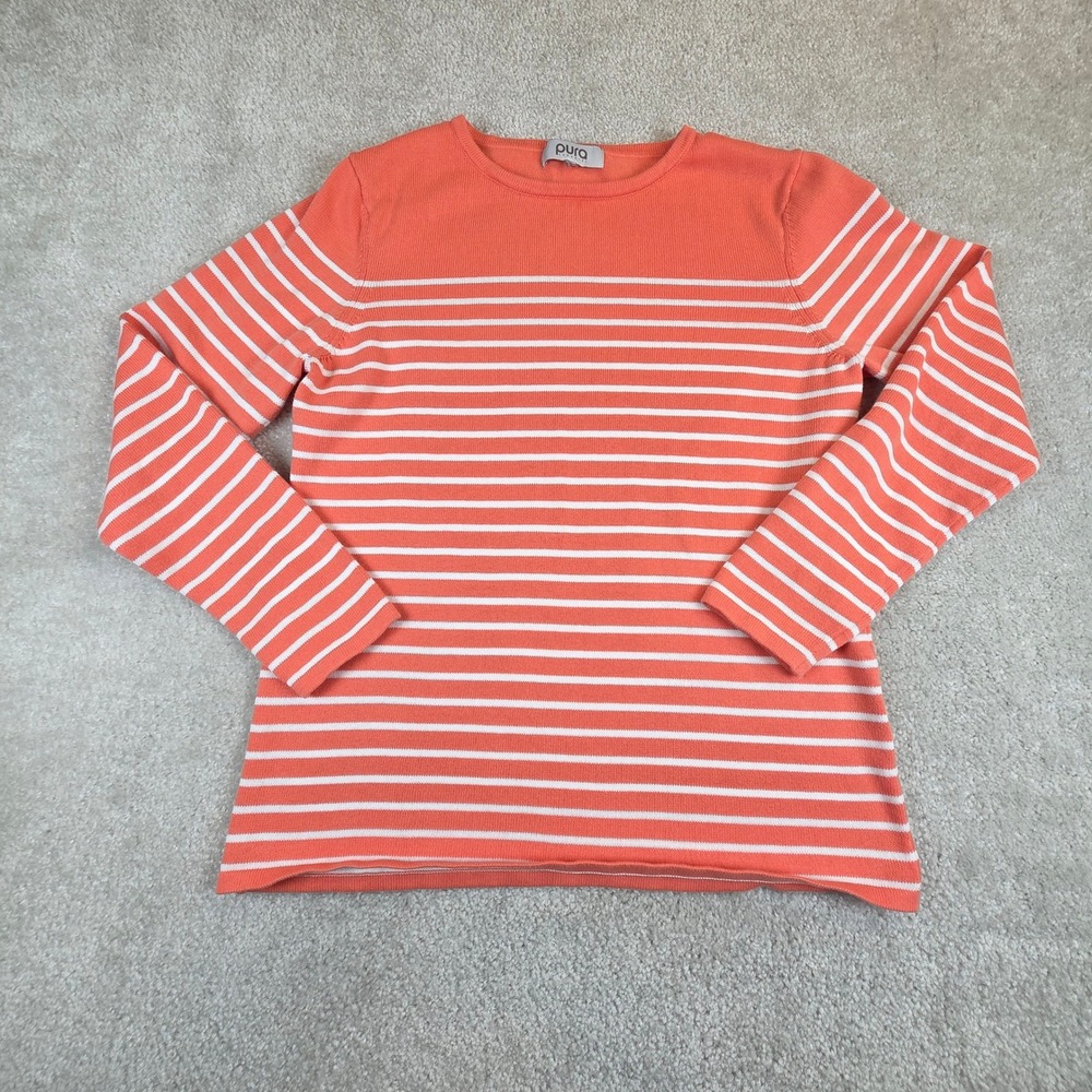 Pura Cashmere‎ Womens Supima Cotton Striped Crewneck Sweater Coral Orange White